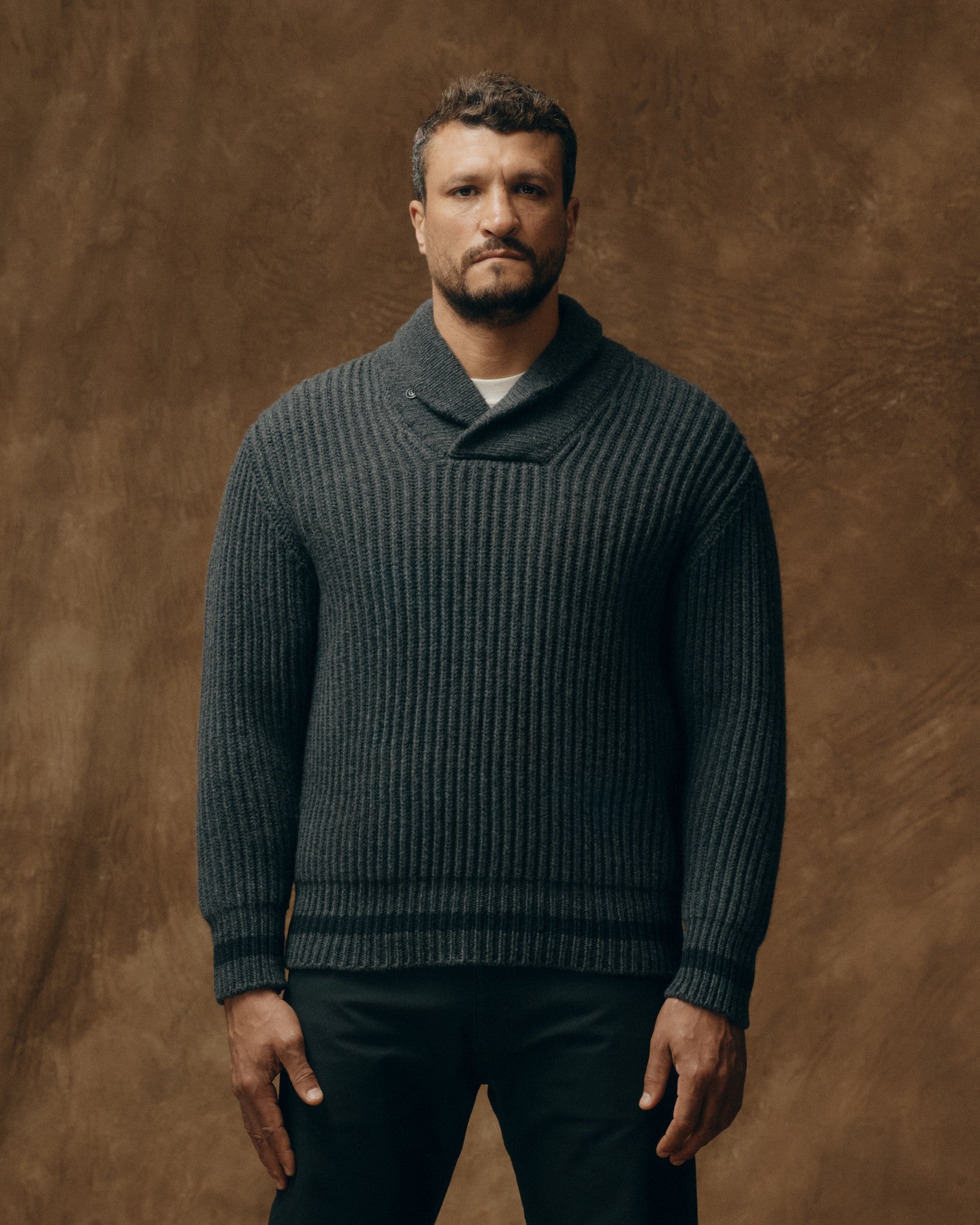 Bristol Shawl Neck Sweater - Gray Heather / Dark Charcoal Stripe
