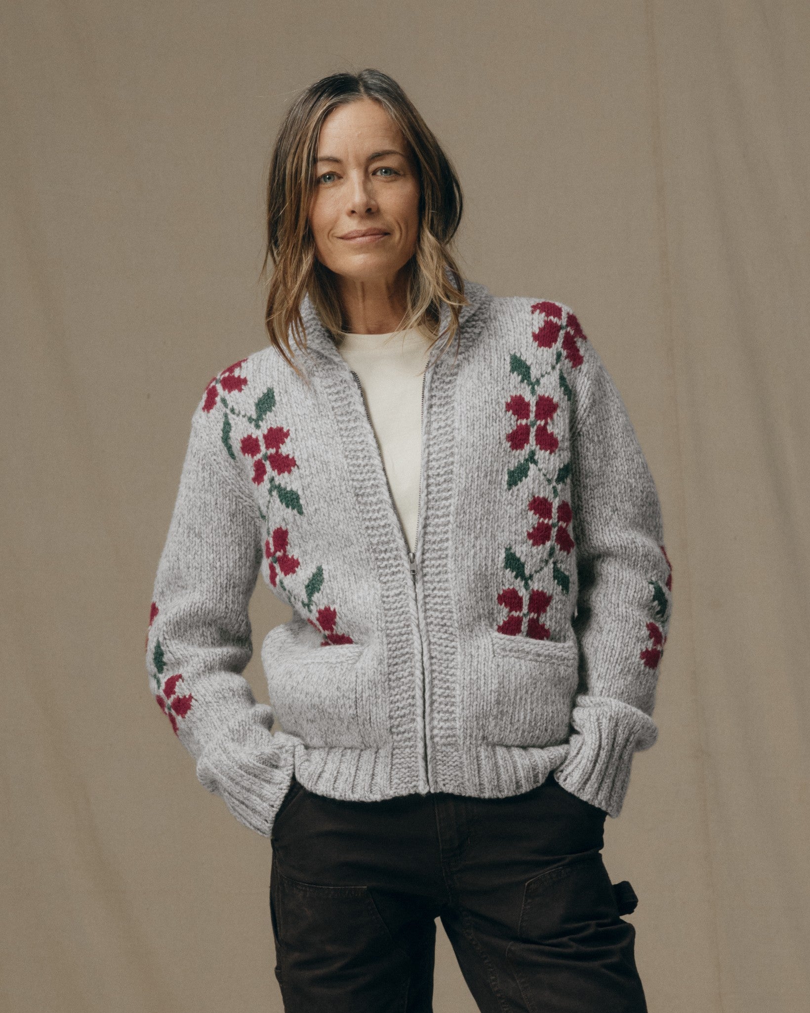 Women's Zippered Wool Sweater - Gray / Flower