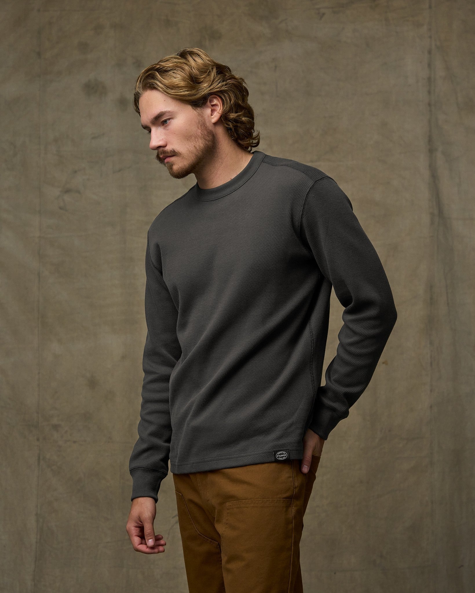 Waffle Knit Thermal Crewneck - Faded Black - Image 3