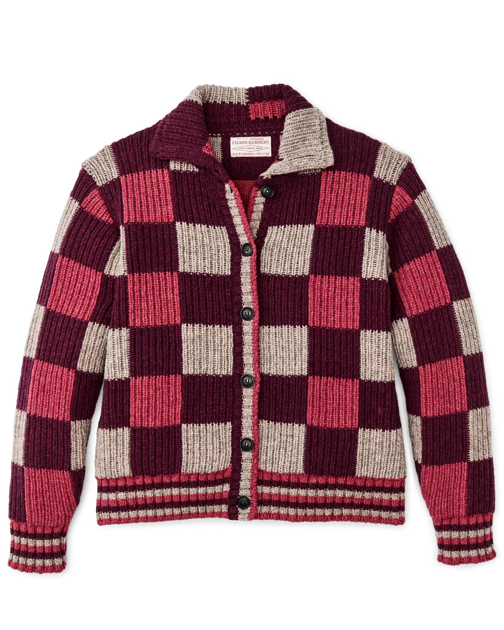 Women's Checkered Wool Cardigan - Burgundy / Gray Check - Image 4