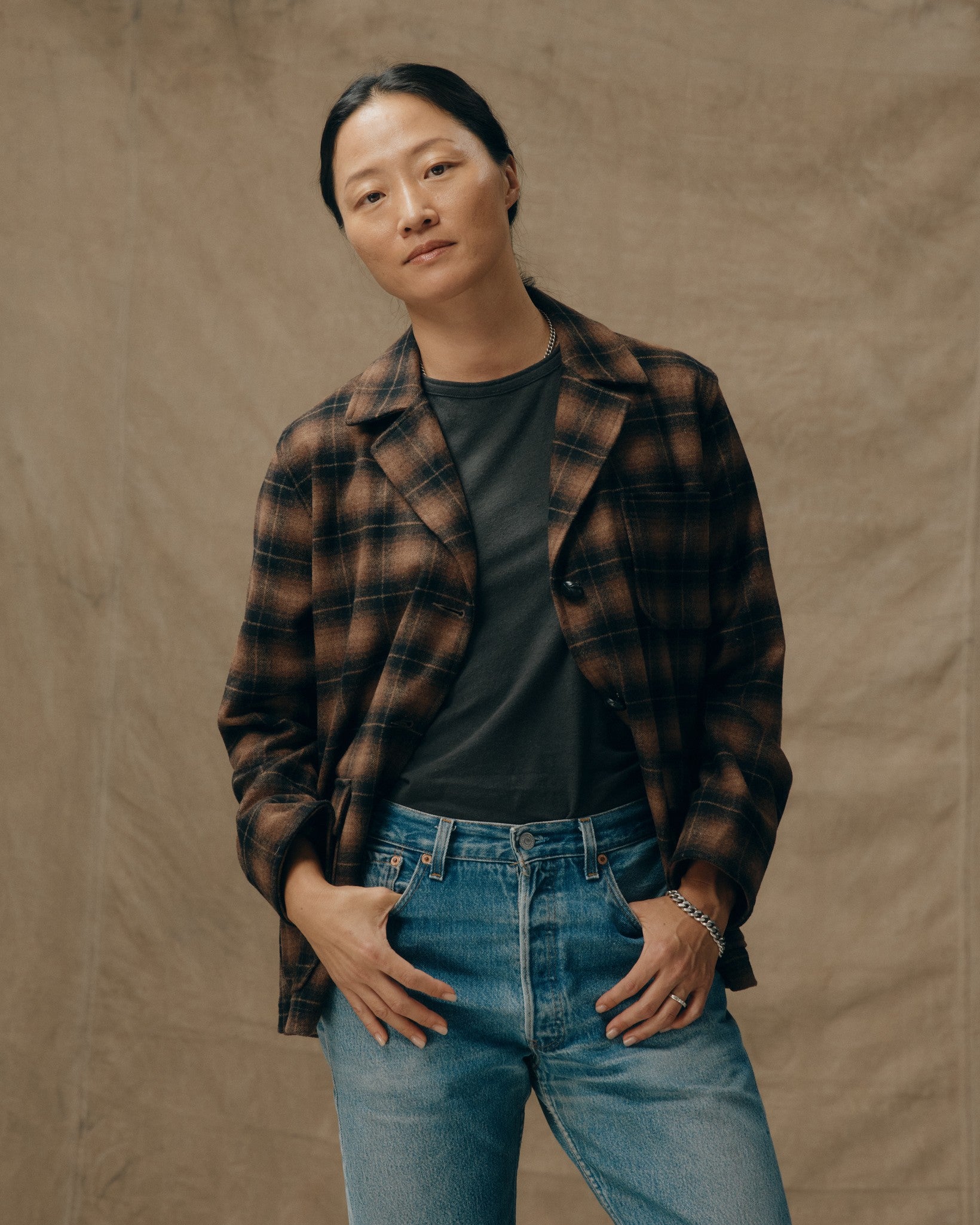 Women's Unconstructed Wool Blazer - Bronze Brown Plaid